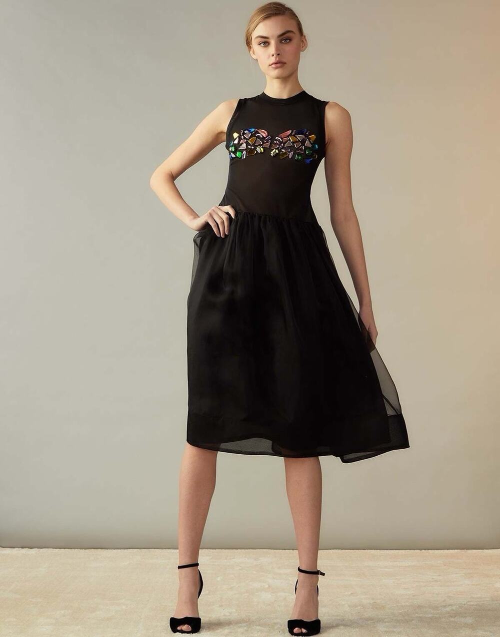NWT Cynthia Rowley Express Yourself Organza Black Gems Black Midi Dress Silk 8